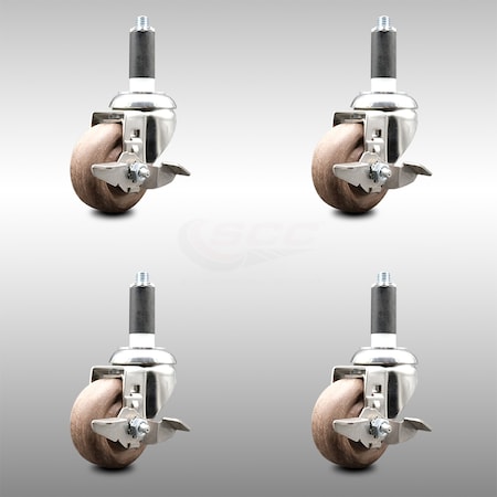 Service Caster 3 Inch 316SS High Temp Glass Filled Nylon 1 Inch Stem Caster Set Brake SCC SCC-SS316EX20S314-GFNSHT-TLB-1-4